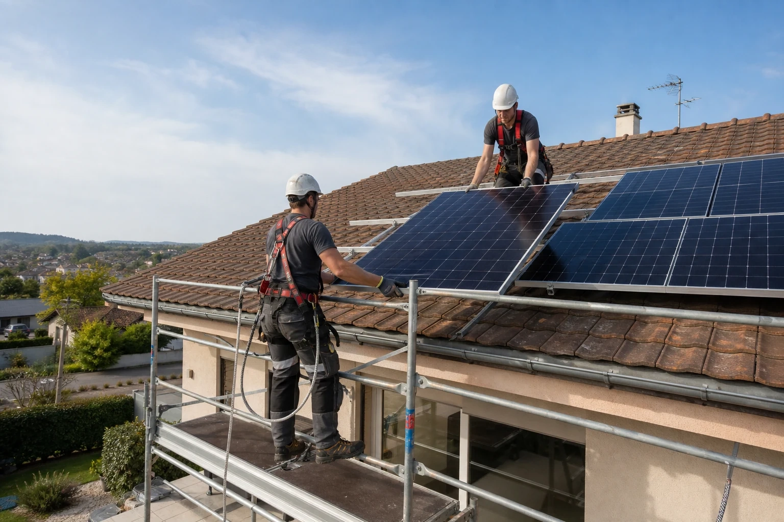Équipe sécurisée pendant un chantier solaire dans l’Ain