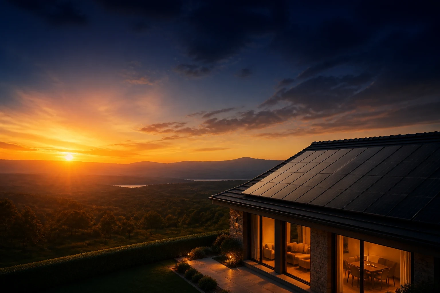 Maison avec panneaux solaires au coucher du soleil