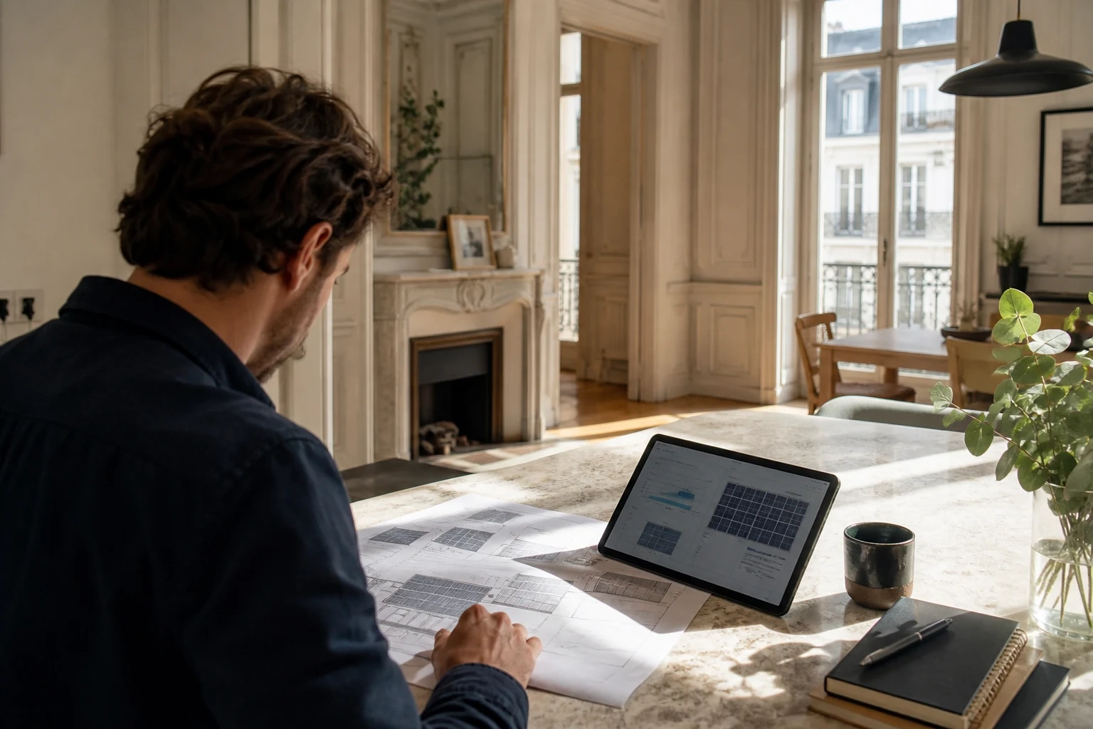Étude technique photovoltaïque sur plan et tablette