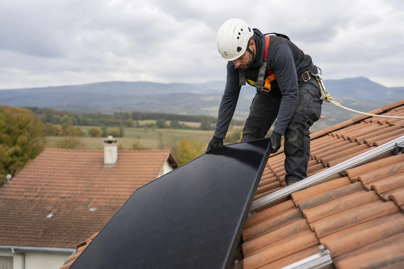 Installateur attaché posant un module photovoltaïque sur une toiture en tuiles