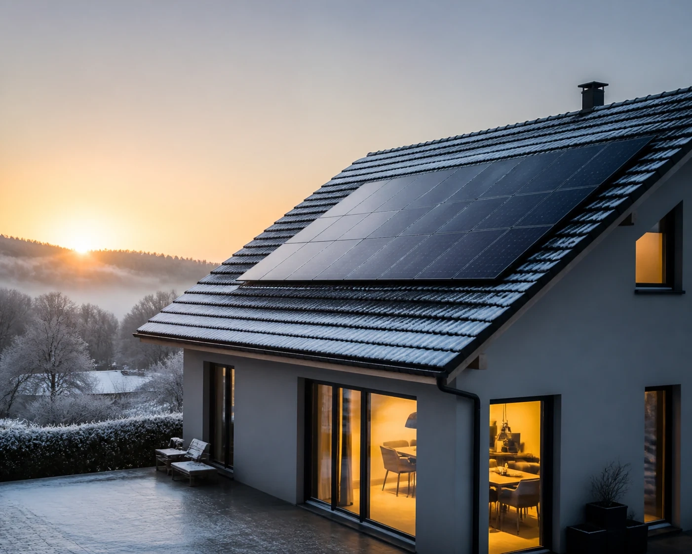 Panneaux photovoltaïques sur une maison de l’Ain en hiver